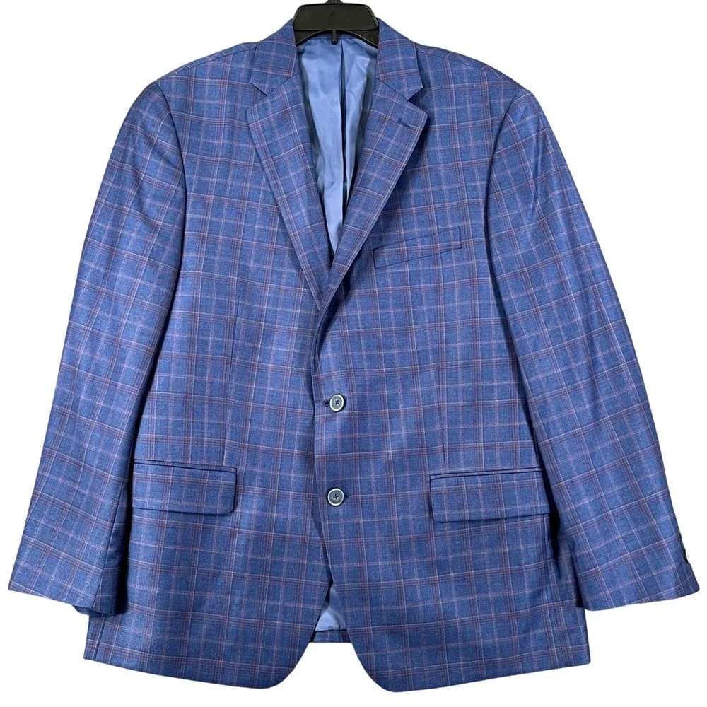 Hart Schaffner Marx Coat 44R Blue Windowpane Plaid Reda 1865 Wool New York Fit
